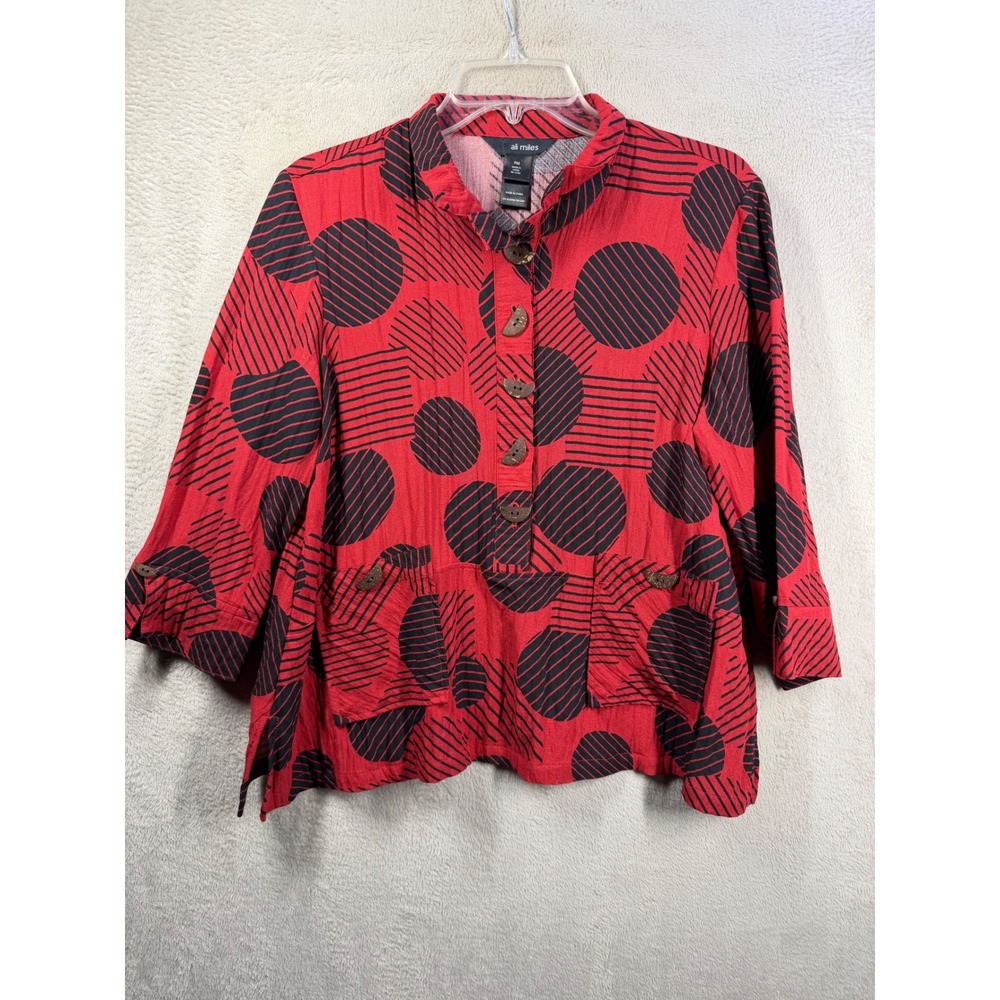 Ali Miles Button Front Top Womens PM Red Black Polka Dot Geometric Lagenlook Art